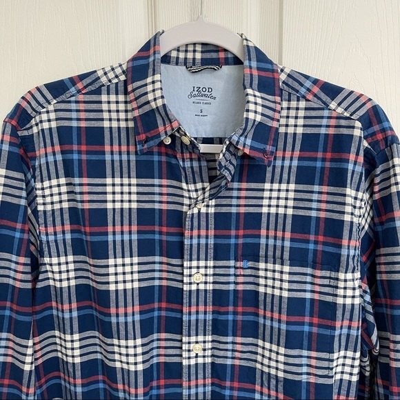 Izod Saltwater Relaxed Classic Blue Plaid Shirt 100% Cotton Button Down Size S - Picture 4 of 15